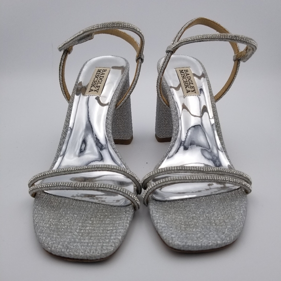 Badgley Mischka Firey Bejeweled Block Heel Sandals, Silver Glitter, Women's Sz 8 - Picture 7 of 16